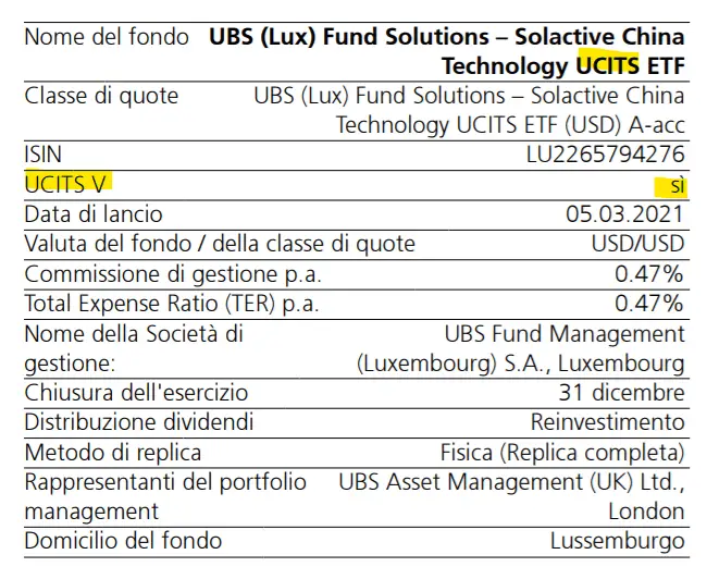 scheda informativa ETF a armonizzato UBS solactive china technology UCITS