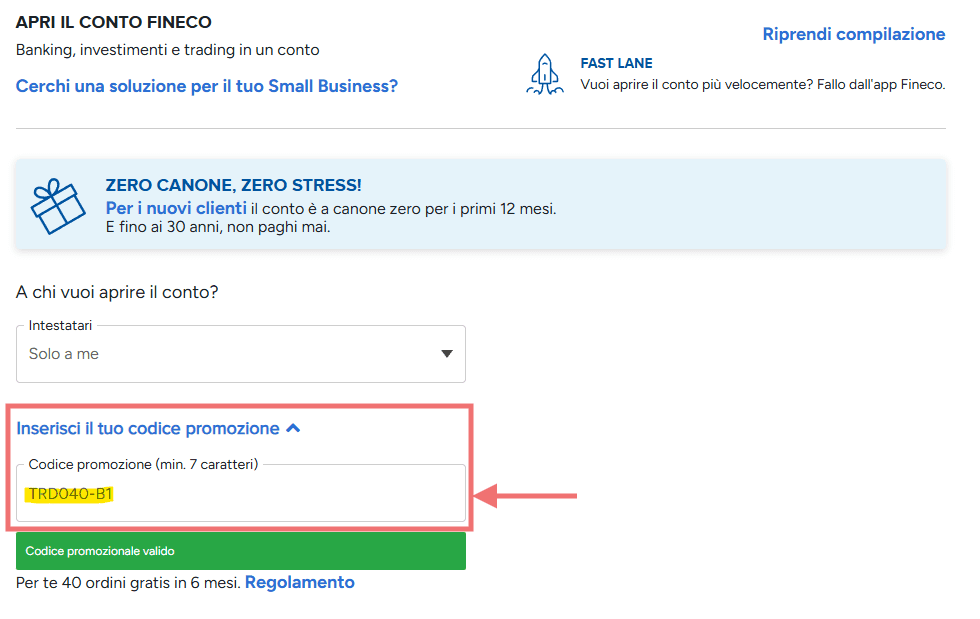 Dove inserire codice promozionale Fineco